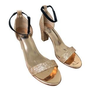 Trary Women Size 11 Rose Gold Glitter Ankle Strap 3.5" Block Heel Open Toe Shoes